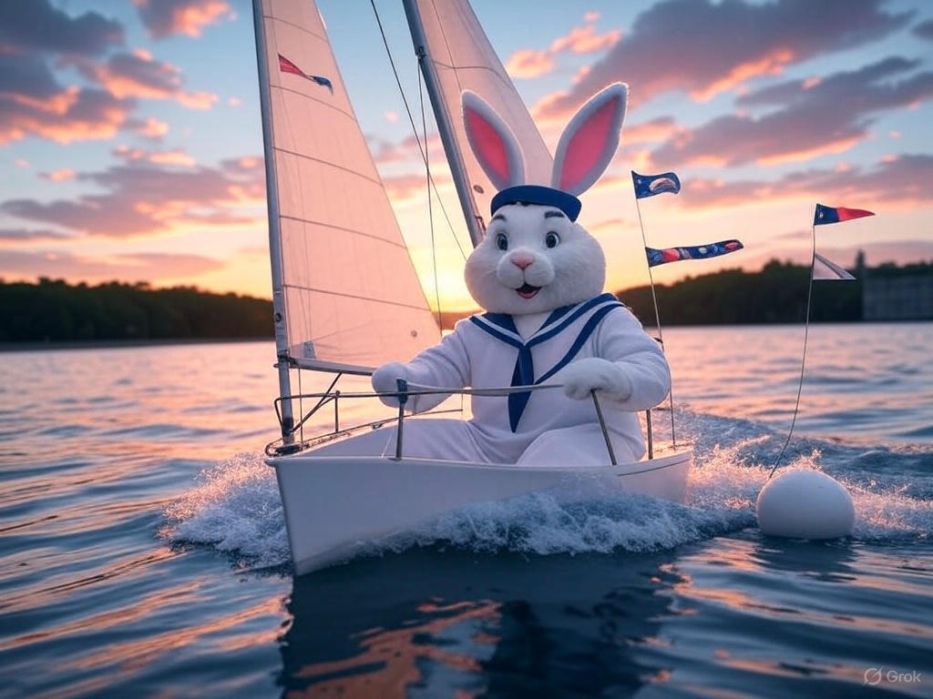 an easter bunny sailing a small sailboat
