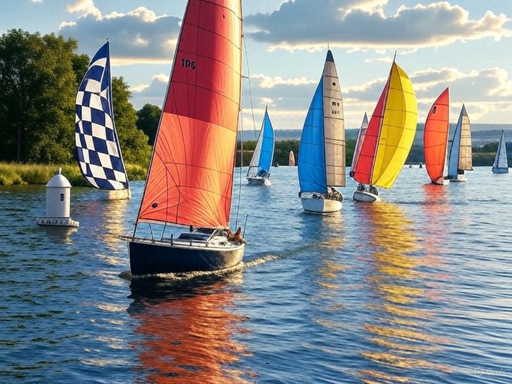 sail boats nearing a white mark on the water